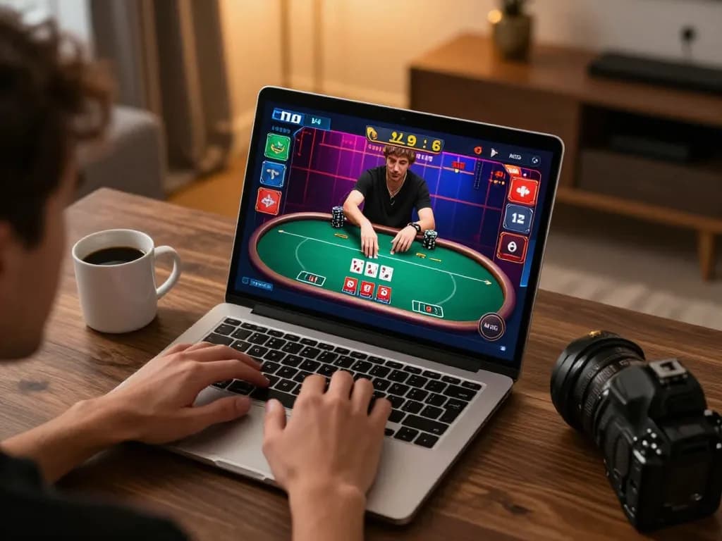 Player engaging in online casino gaming at Rik vip with a vibrant poker interface on screen.