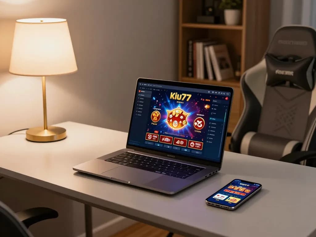Setup permainan Kiu77 menunjukkan antarmuka kasino online yang cerah di laptop kelas atas di tengah meja modern yang stylish.