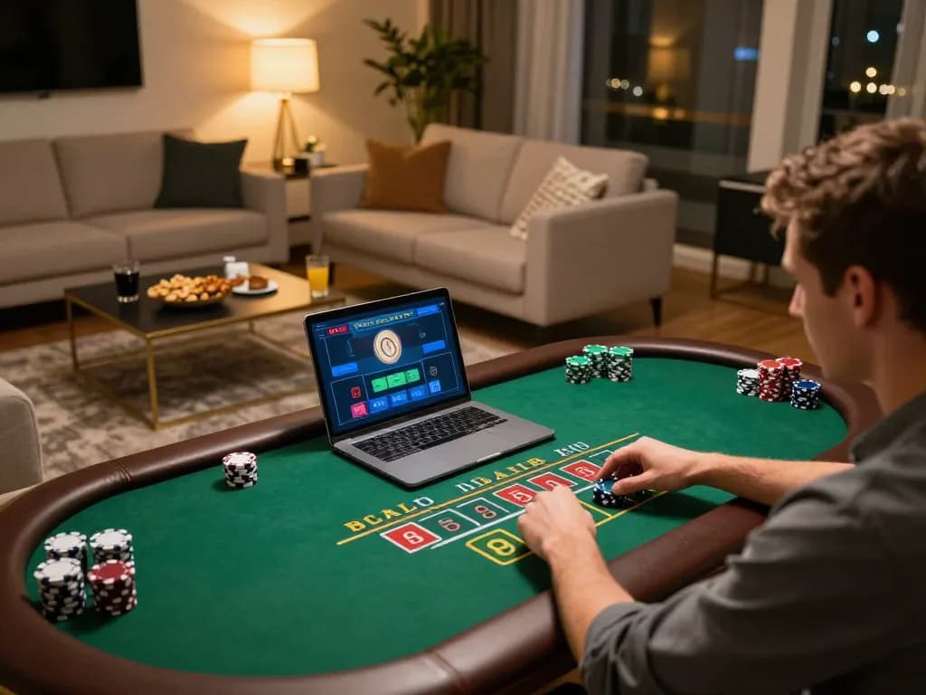 O8 player strategizing on live blackjack game at home, creating an engaging online gambling experience