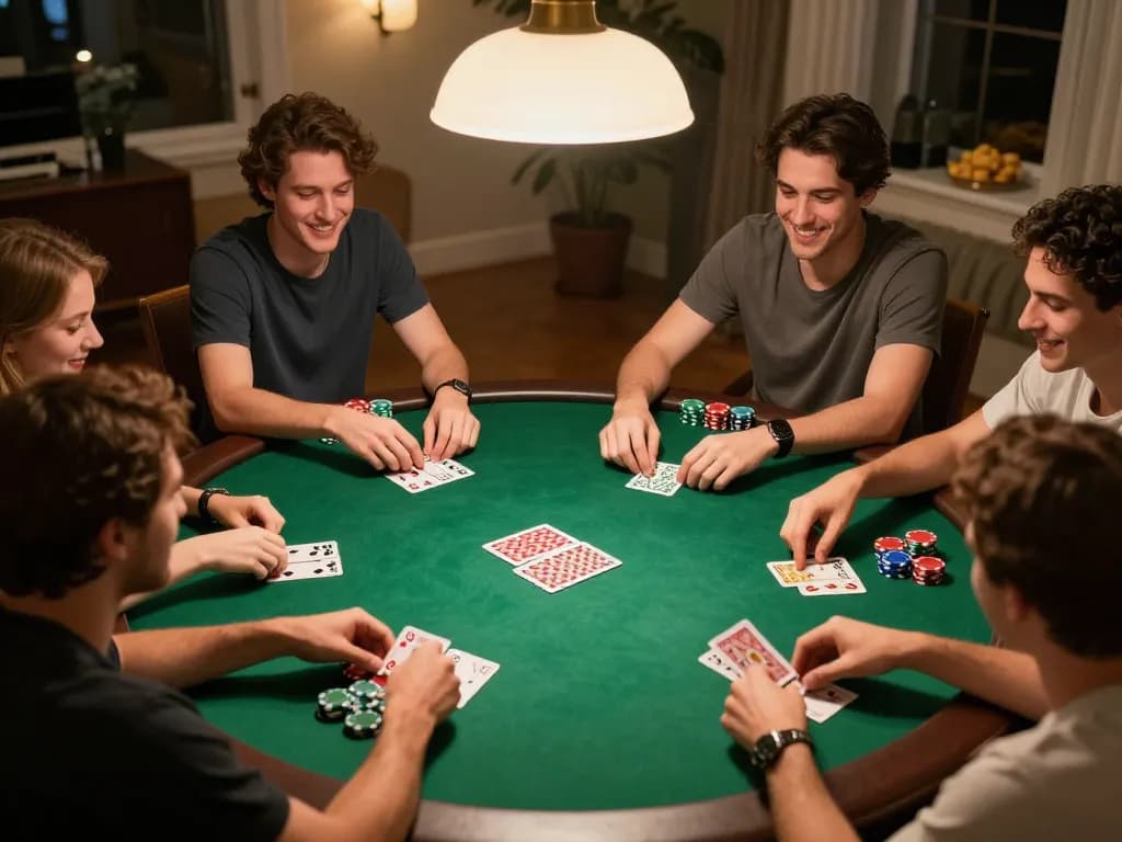 Kuwin players enjoying a lively poker night with chips and cards in a cozy home setting.