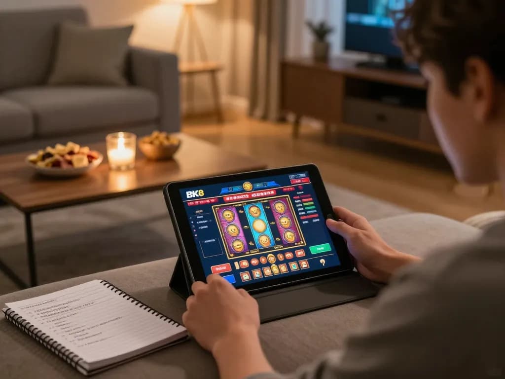 Engaged player using BK8 tablet interface for online gambling in a cozy living room setting.