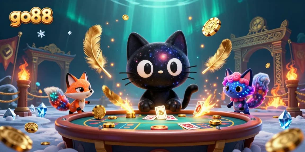 Experience go88's cosmic casino with a black hole cat attracting chips and vibrant elements.