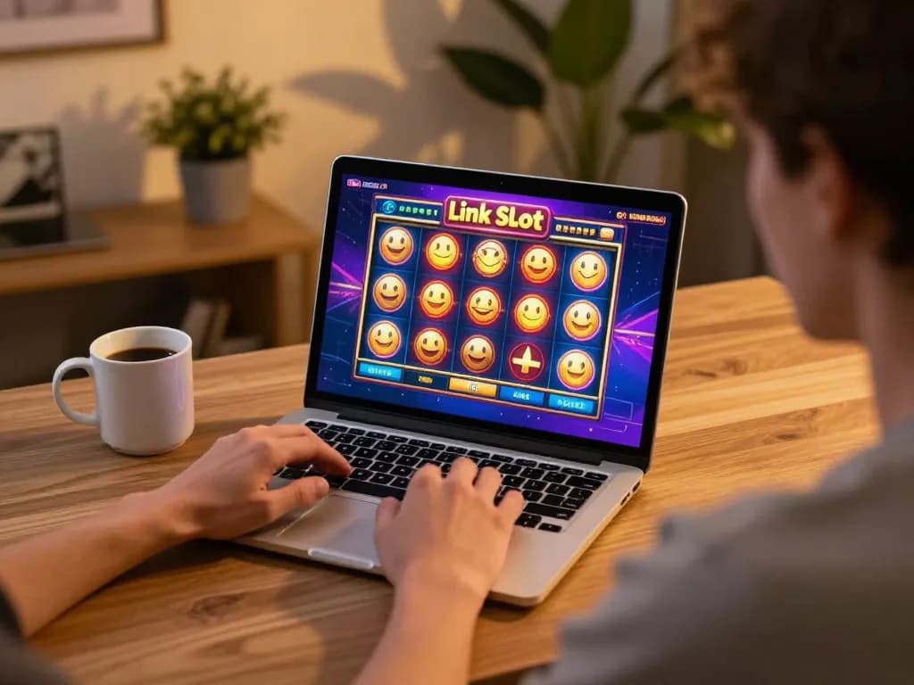 Engaging scene of a player experiencing a Link Slot game on a laptop, showcasing vibrant graphics.