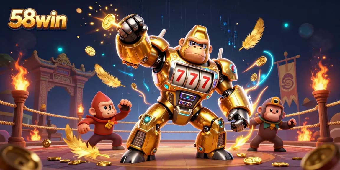 Experience the thrill of 58win with a dynamic 3D illustration of a golden gorilla mech and immersive casino elements.