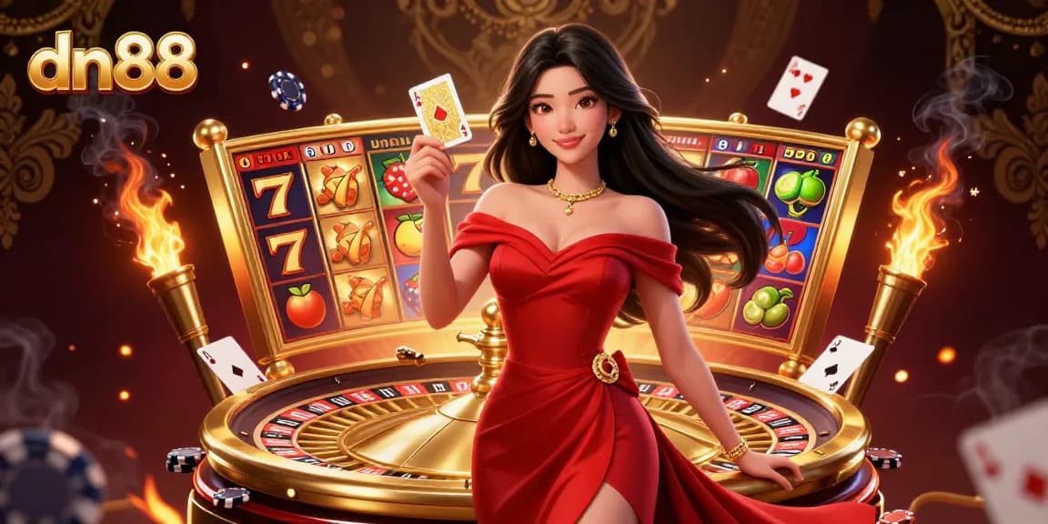 Experience thrilling gameplay at dn88 with a stunning Asian woman flaunting a golden playing card beside a vibrant roulette.