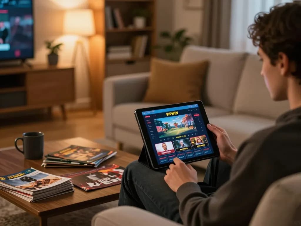 Engaged player using the VIPWIN app for online gambling from a cozy living room