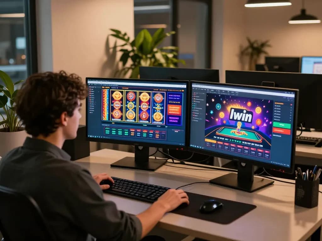 Iwin online gaming session at a modern desk with vibrant slot game displays.