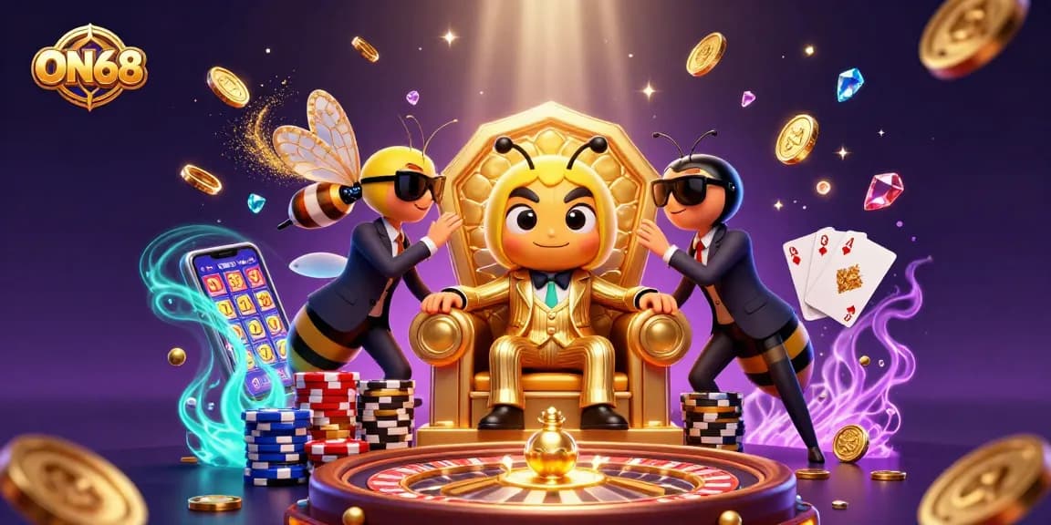 ON68 casino illustration with a bumblebee mob boss amidst dynamic slot machine and poker elements.