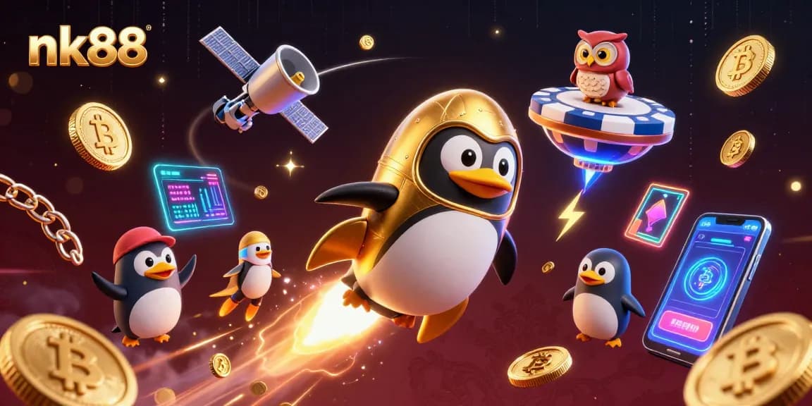 Engage with nk88, where a golden penguin leads a cosmic adventure through a vibrant casino universe.