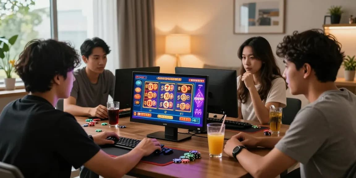 Friends enjoying Betebet online gaming in a lively apartment setting.