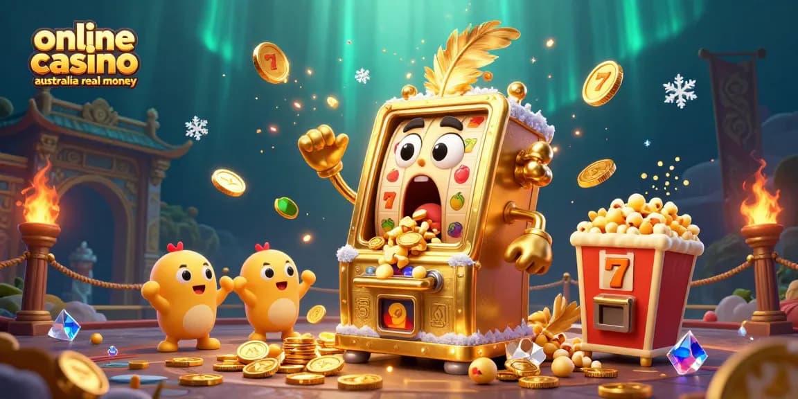 Winning action at online casino australia real money with a golden slot machine celebrating a jackpot.