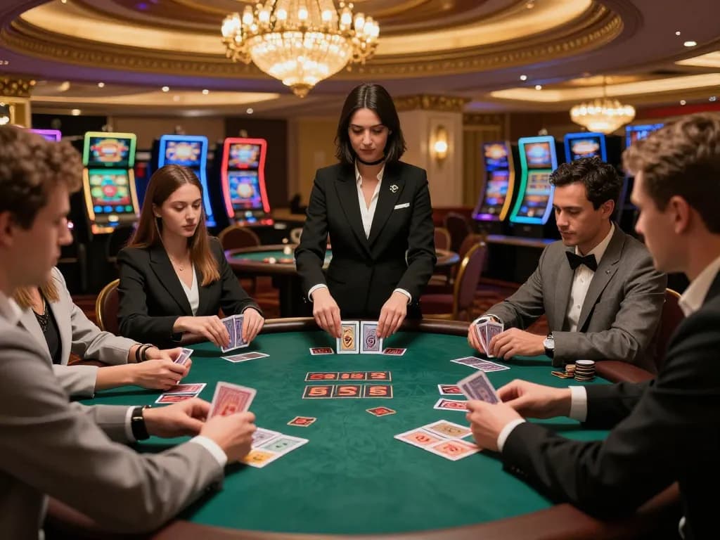 Players engaging in a thrilling game at 888New blackjack table in a luxurious casino.