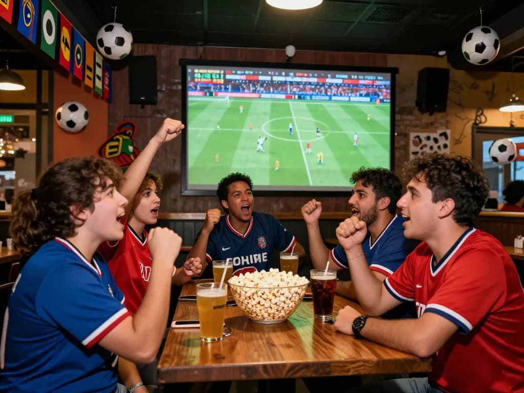 Fans enjoying a thrilling match on LuongSonTV in a lively sports bar.