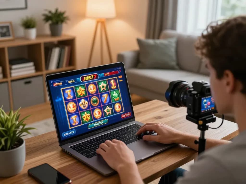 Pemain yang terbenam dalam permainan slot jus77 di laptop di rumah, menyoroti kegembiraan perjudian online