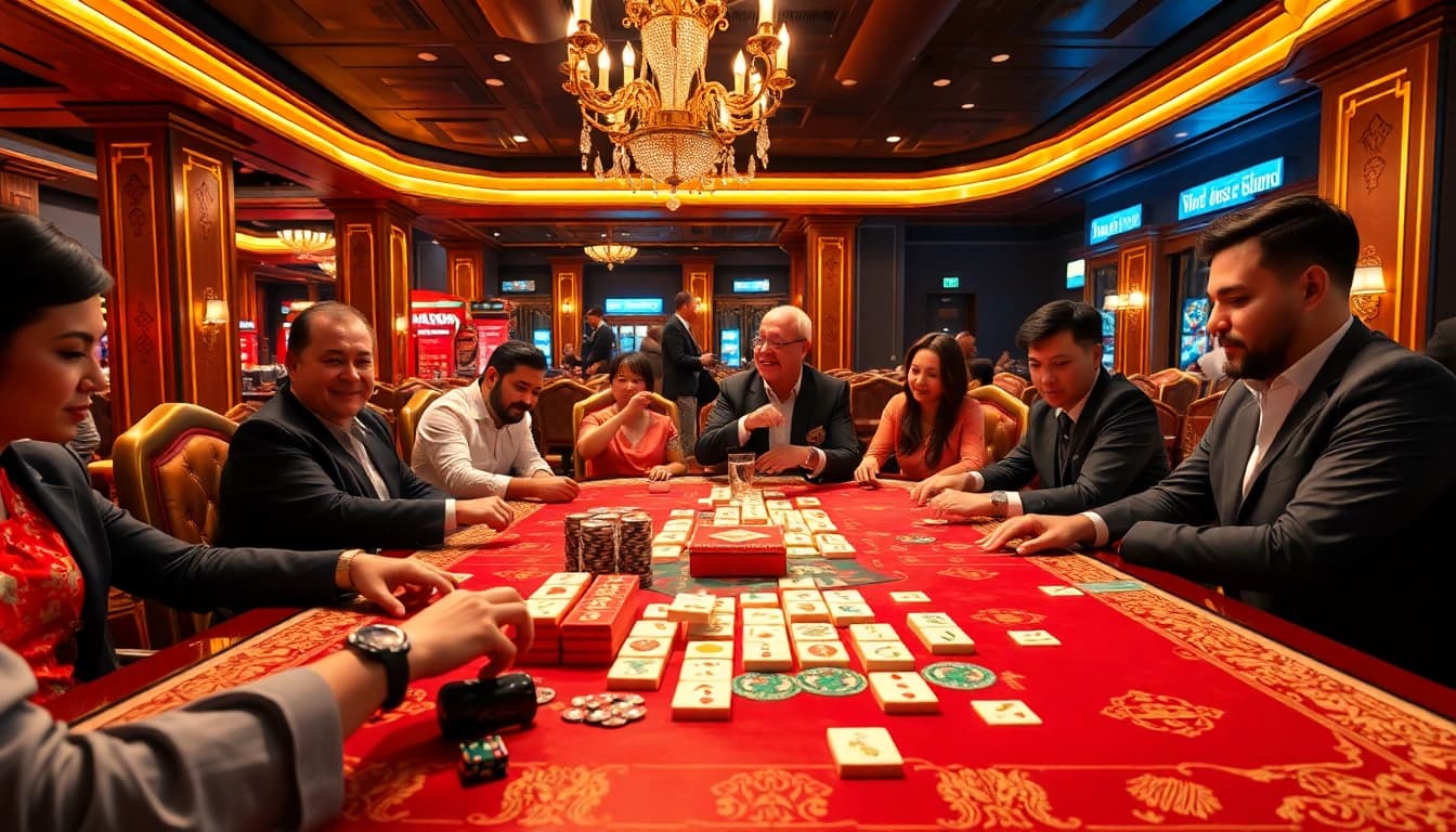 Para pemain menikmati permainan Mahjong dengan chip dan minuman di kasino mewah.