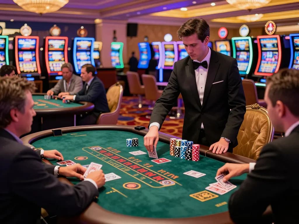 Experience go99 at a vibrant Las Vegas casino with players intensely engaged in blackjack.