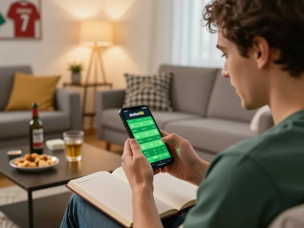 Enthusiastic bettor engaging with sbobet88 sports betting app during a home game night, complete with snacks and analysis materials.