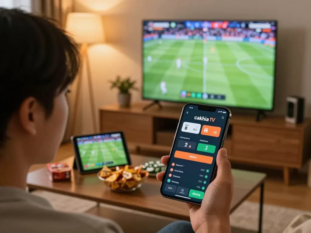 Cakhia TV user placing live sports bets from a cozy home environment with snacks and a tablet.