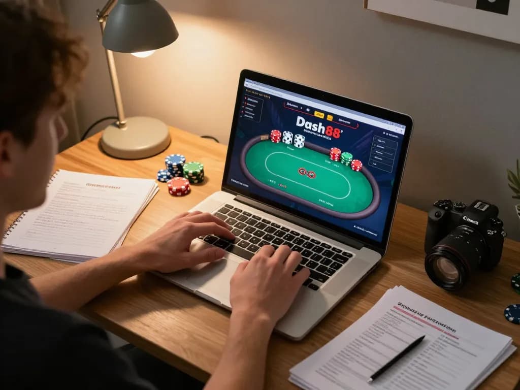 Engaged player strategizing during a Dash88 online poker game on their laptop at home.