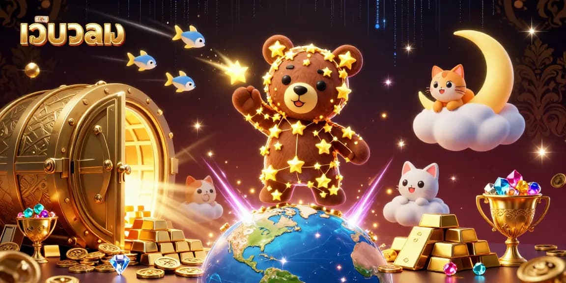 Bet big with เว็บบอล, featuring a dazzling 3D bear and treasures in a lively casino scene.