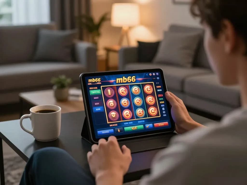 Player engaging with mb66 online casino slots at home, creating a comfortable gaming atmosphere.