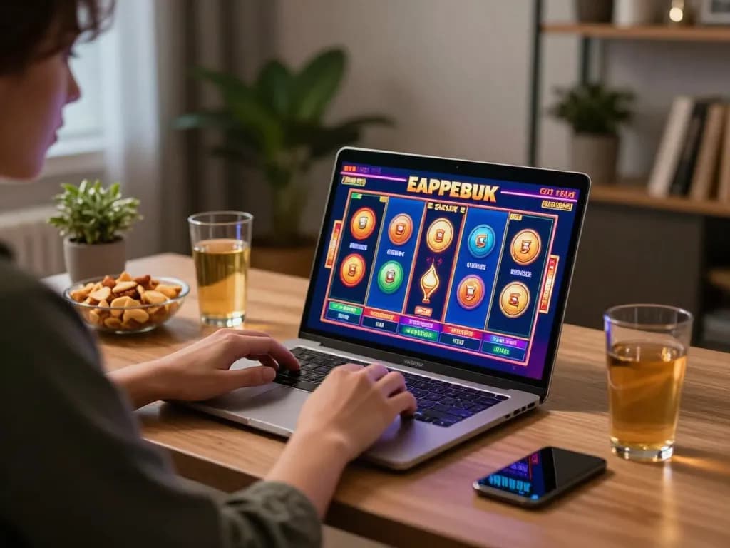 Players enjoying exciting slots with 789wincom on their laptops in a cozy home setup.