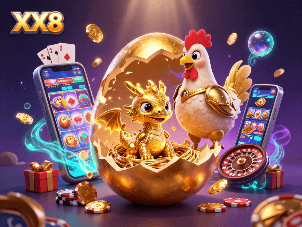 Engage with XX8's thrilling gaming experience featuring a golden dragon and vibrant casino elements.