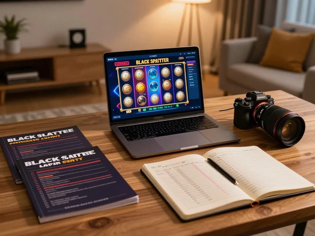 Engaging player enjoying the Black Scatter slot game on a laptop surrounded by betting strategy notes.