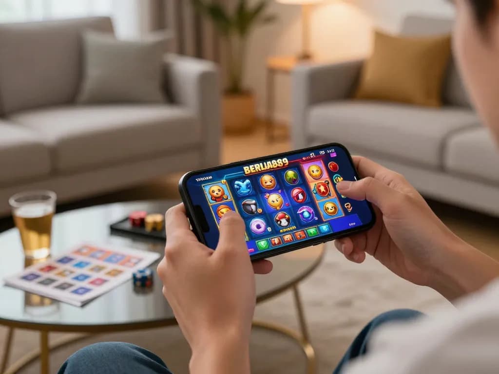 Engaging gameplay on BERLIAN889 Slot mobile app showcasing dynamic win animations in a cozy living setting.
