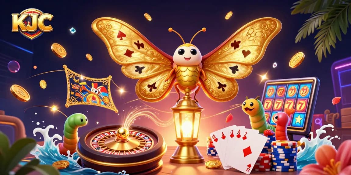 KJC players spinning a golden roulette wheel, surrounded by vibrant casino elements and winning symbols.