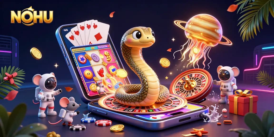 Place bets at NOHU with a cosmic dealer in this vibrant casino-themed illustration.