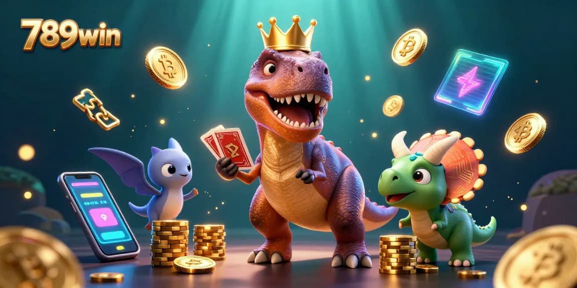 Engage with 789win's vibrant 3D casino scene featuring a playful T-Rex and vivid gaming elements.