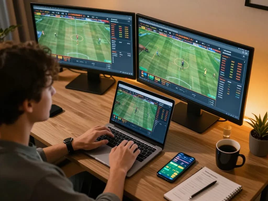 Person utilizing alo8 betting app on smartphone while watching live sports event.