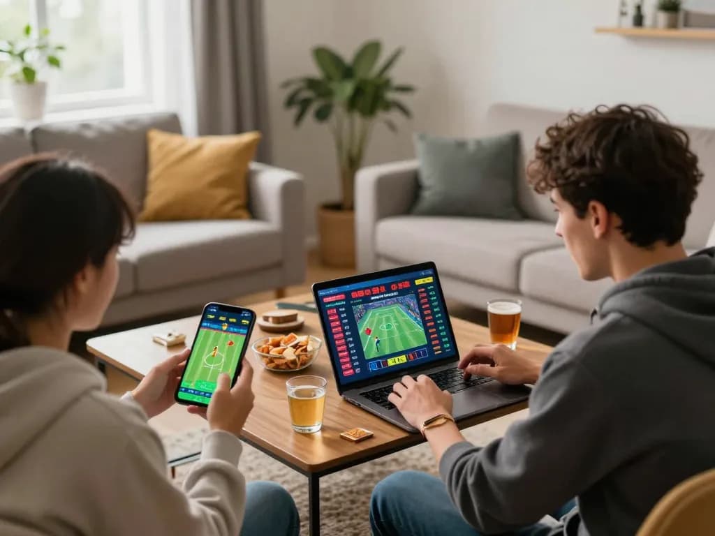 Players enjoying sports betting on mobile devices at home with mposport showcased on screens