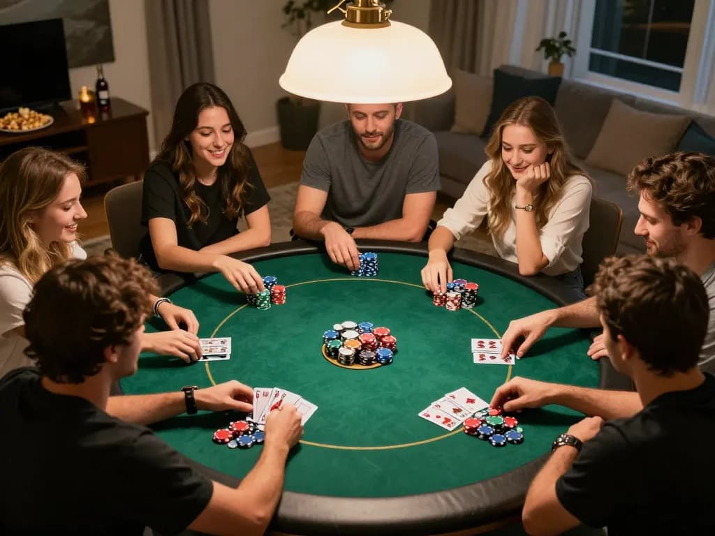 Friends enjoying a lively poker game at home, featuring lively gameplay and vibrant chips on the table, with tr88 involved.