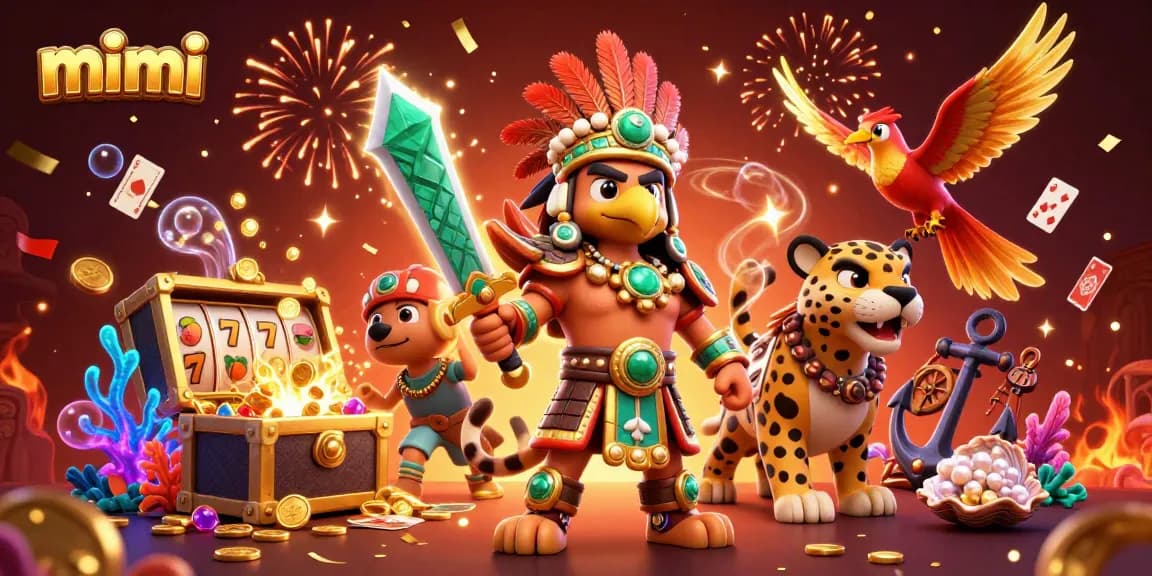 Experience thrilling gaming action with mimi in vibrant 3D casino illustration featuring Aztec warriors and treasures.