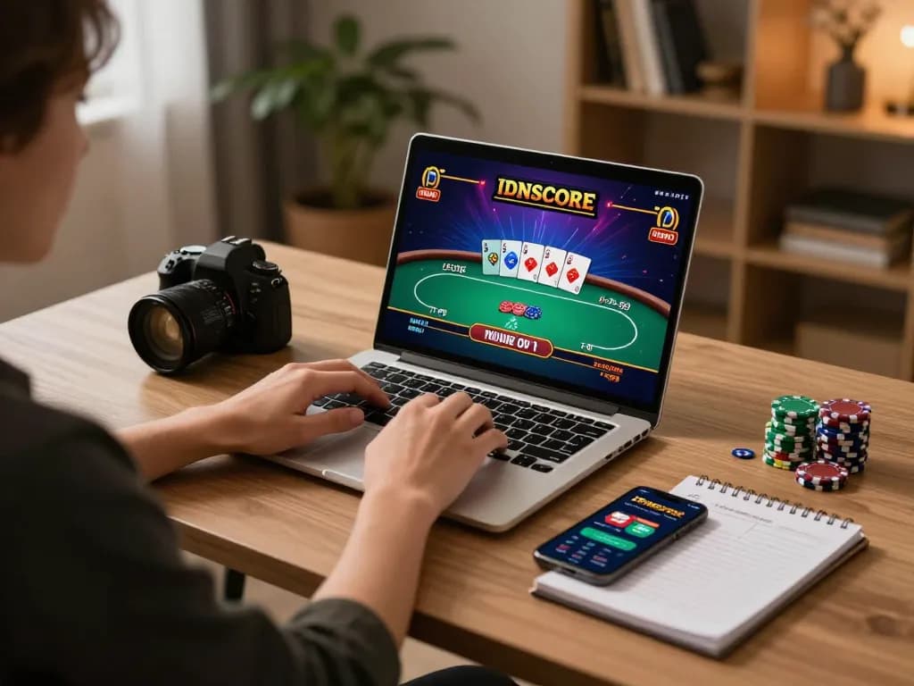 IDNSCORE online gaming setup featuring a player engaged in poker with strategic notes, cozy atmosphere
