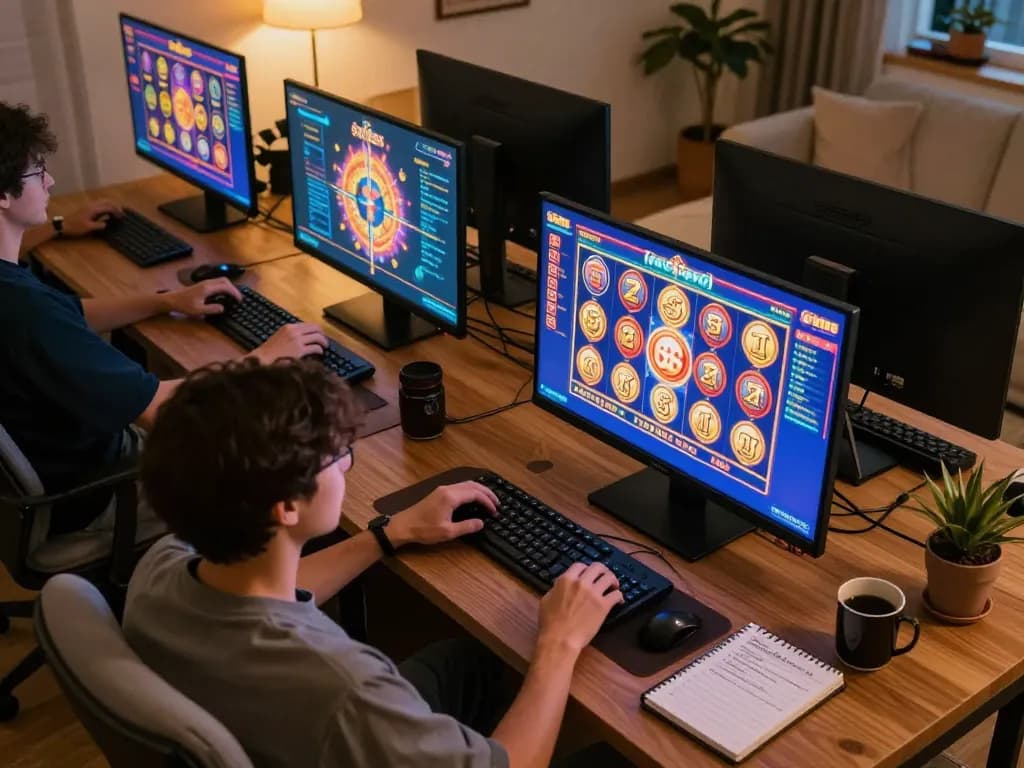 Engaged player exploring situs slot games on multiple screens in a cozy home setup
