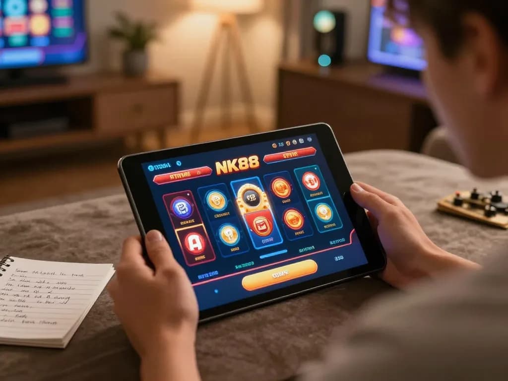 Engaged user strategizing while playing nk88 online casino on tablet in cozy setting.