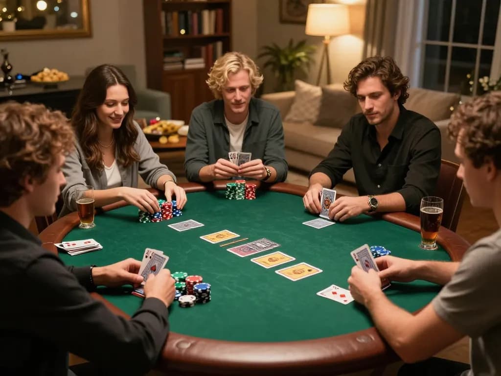 Players enjoying a thrilling poker game at home, featuring Go88-themed play with vibrant chips and strategic gameplay.