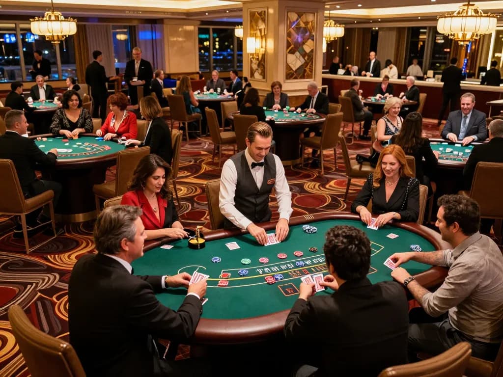 MPOID Alternative gameplay at an upscale blackjack table with players and dealer in a vibrant casino atmosphere.