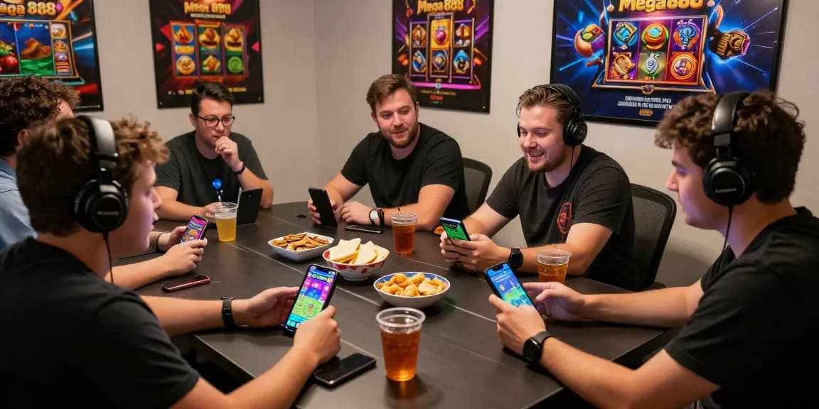 Enthusiastic gamers strategizing Mega888 gameplay with mobile devices and snacks.