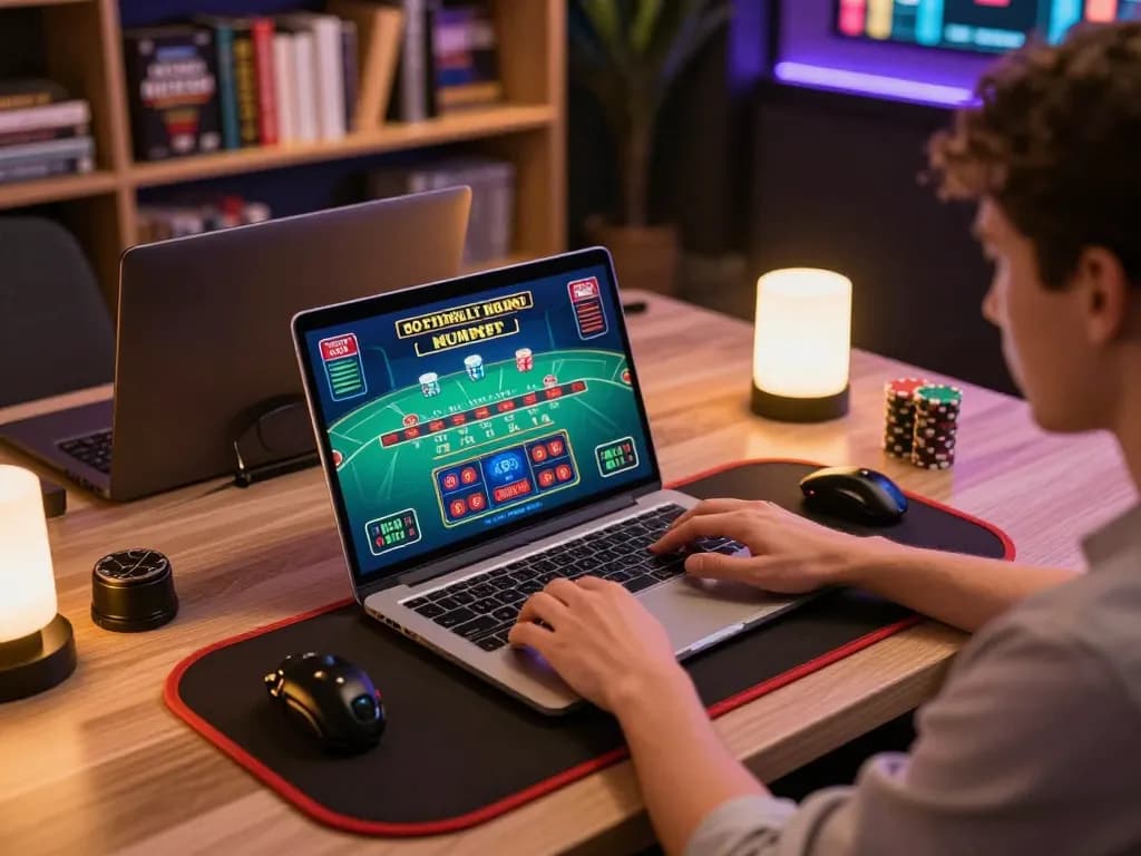 Engaging in live dealer blackjack on a laptop while exploring soc88 gaming strategies at home.