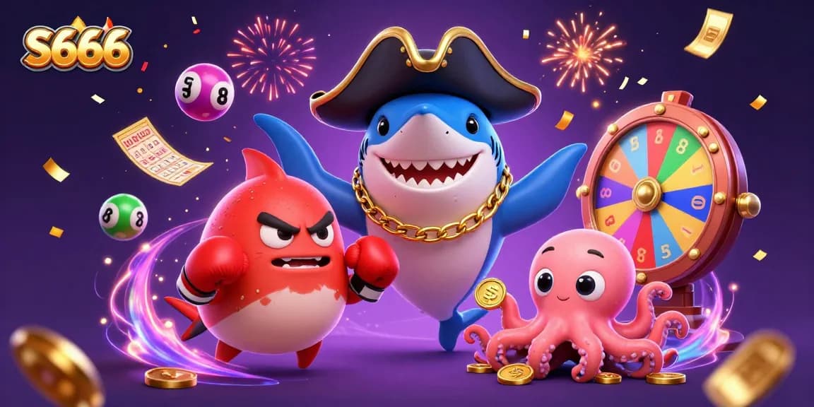 S666 pirate shark and friends celebrating with lottery balls and confetti in a vibrant casino illustration.