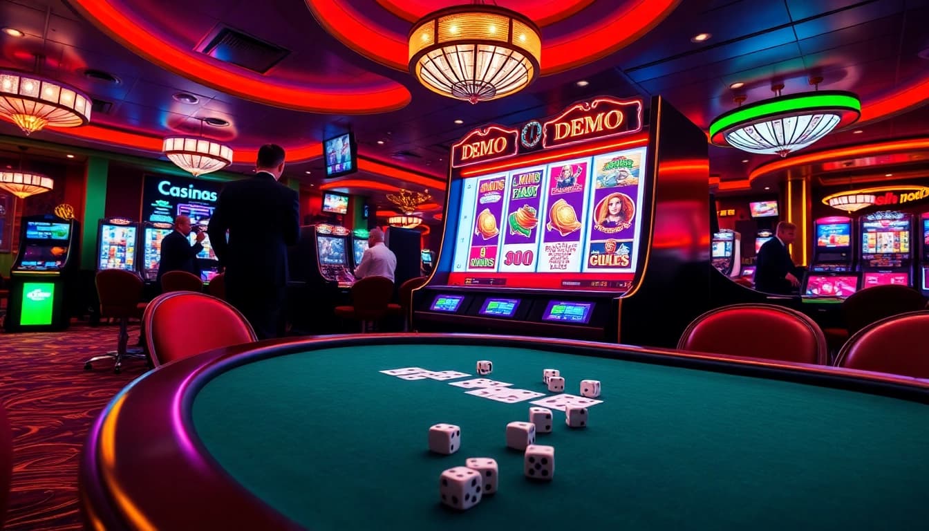 Exciting demo slot machine action in a luxurious casino setting with poker chips and vibrant neon lights.