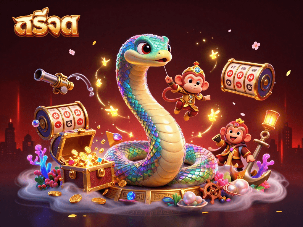 Spin the exciting สล็อต reels surrounded by vibrant treasures, a magnificent serpent, and dynamic characters.