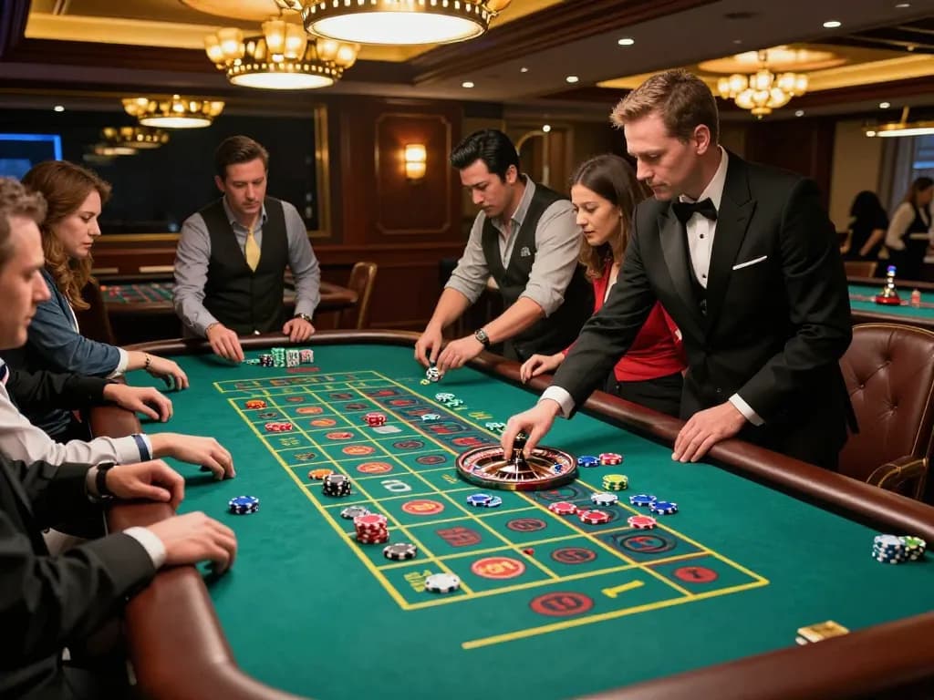 Players at a roulette table experiencing thrilling moments of gameplay with TT88 bets placed, vibrant casino atmosphere