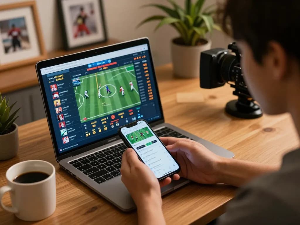 IDNSCORE user engaging in real-time sports betting on their smartphone while analyzing odds on a laptop