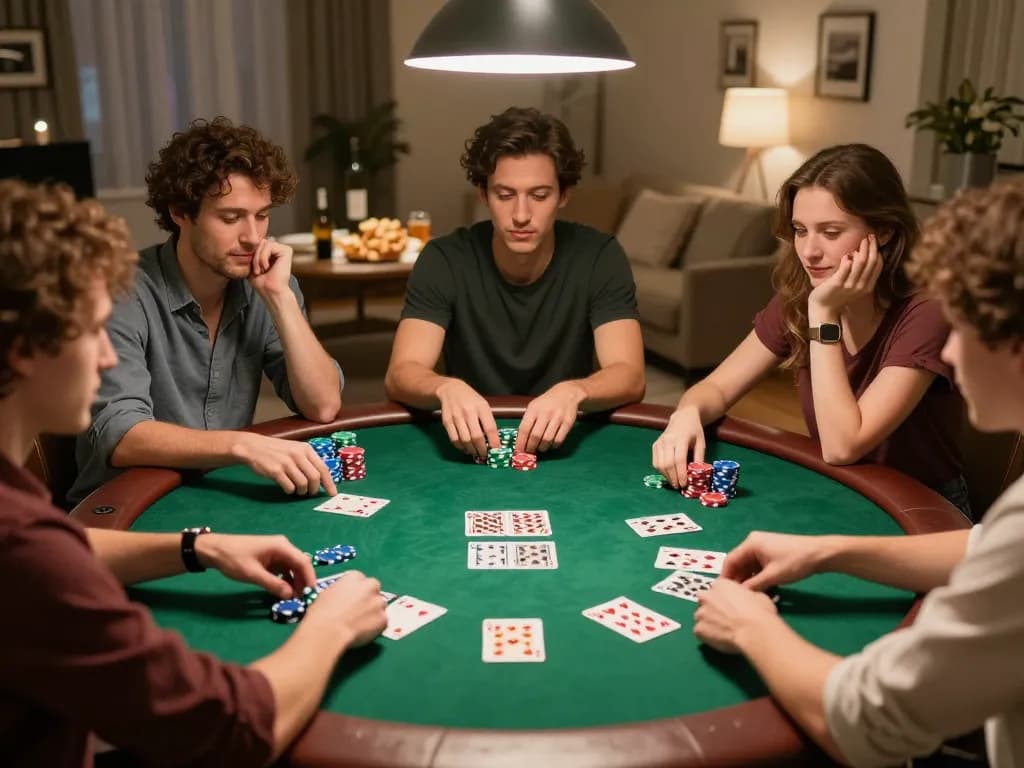 Friends enjoying a poker night at home with 789WIN gameplay strategies visible.