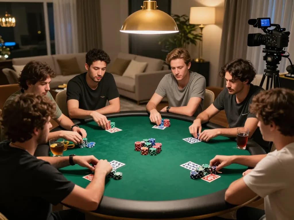 Players enjoying an exciting poker game with SC88 themed chips in a cozy home setting